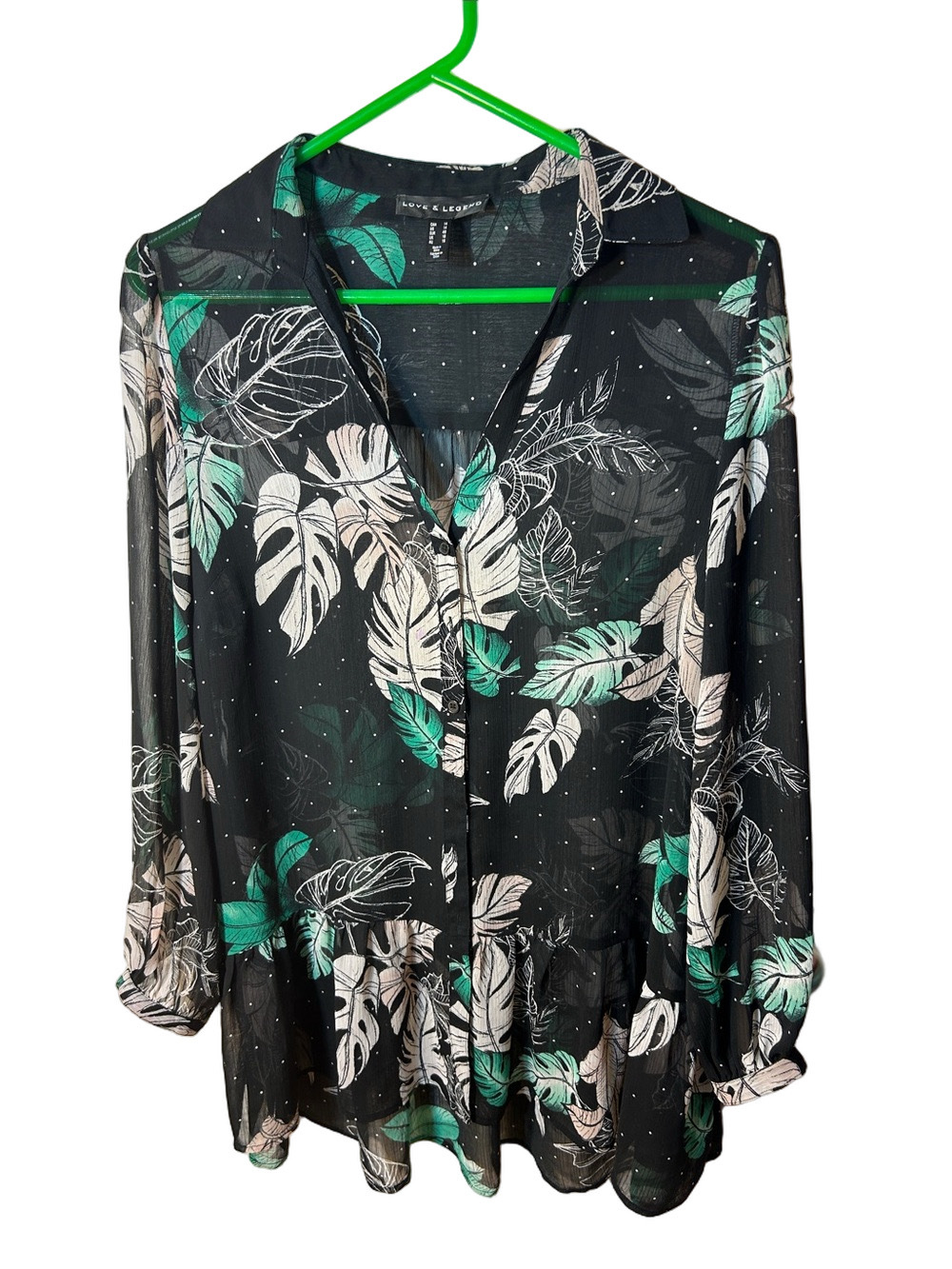 Love & Legend Black Sheer Button-Down Blouse with Green & White Leaf Print 14
